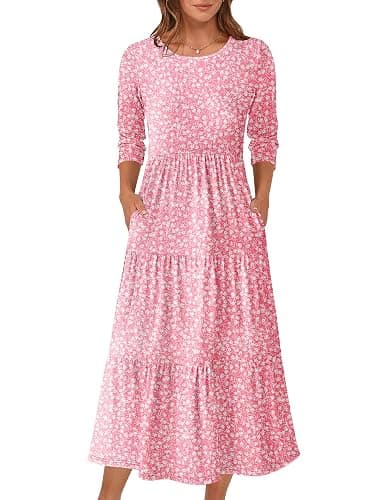 Prinbara Women's 3/4 Sleeve Casual Maxi Floral Dresses 2025 Fall Crewneck A-line Tiered Flowy Summer Boho T Shirt Long Dress - Image 1