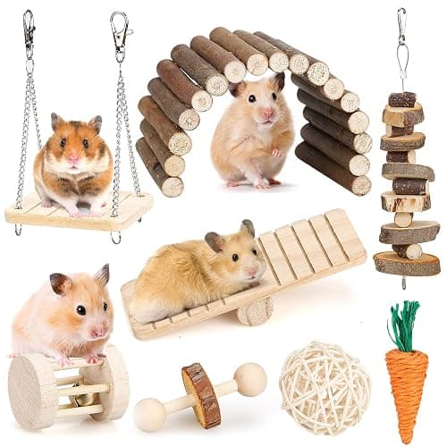 Hamster Chew Toys Set Small Animal Molar Toys Teeth Care Wooden Accessories for Guinea Pigs,Chinchillas,Gerbils,Mice,Rats,Mouse Rodents Toy Swing Seesaw Bridge (Wood) - Image 1