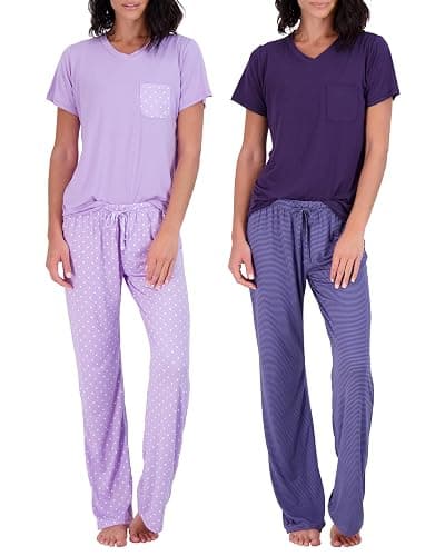 Real Essentials 2 Pack: Women's Pajama Set - Choose from Short Sleeve with Pocket or Long Sleeve without Pocket - Short Sleeve With Pocket - XX-Large - Set B Purple & Blue - Image 1