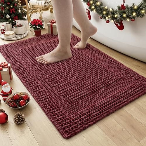 AMOAMI Waffle Bath-Mat, Absorbent Bath Mats for Bathroom Non Slip, Machine Washable Bathroom Rugs with Tassels Ultra Soft Boho Bath Rugs for Floor 17"x24" Red - Image 1