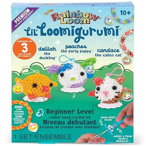 Rainbow Loom Lil' Loomigurumi 3-Pack - Dog, Duck & Cat Rubber Band Craft | Amazon Exclusive Beginner-friendly DIY animal crochet set with loom hook and stuffing. Screen-free activity for kids Ages 10+ - Image 1