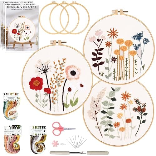 Ohcol 3 Sets Embroidery Kit,Needlepoint Kits for Adults,Needle Point Cross Stitch Kits for Beginners with Washable Pre-Printed Floral Pattern,3 Hoops,Women DIY Hand Crafts - Image 1