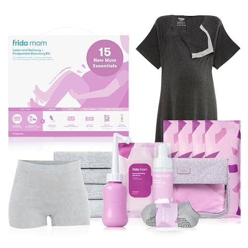 Frida Mom 15pc Labor & Postpartum Kit Gift Set for Baby Showers & Mom to Be, Includes Peri Bottle, Nursing Gown, Disposable Underwear, Ice Maxi Pads, Pad Liners, Perineal Foam, Socks & Toiletry Bag - Image 1