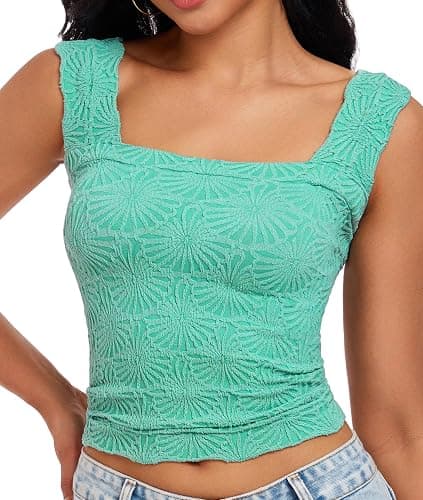 Women's Square Neck Wide Strap Crop Tank Tops Flower Going Out Tops Slim Fit Lettuce Trim Crop Cami Tops - Image 1