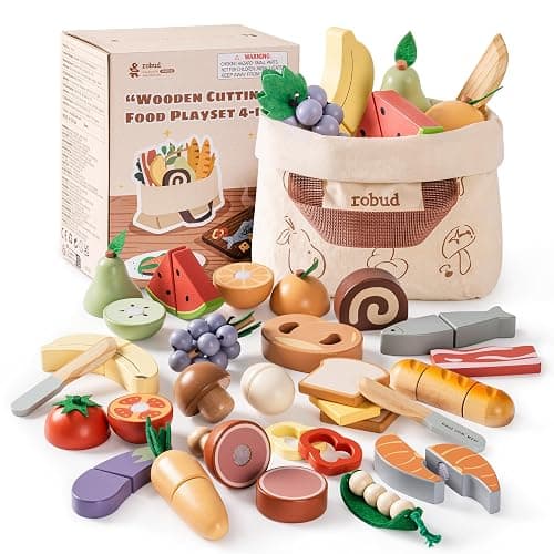 ROBUD Wooden Toy Food Set, Cutting Toy Food for Pretend Play Kitchen Accessories Toyfood Playset with Storage Bag, Toys Gifts for 3+ Year Old Girls Boys - Image 1