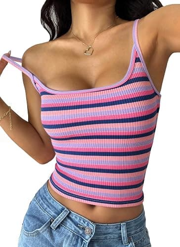 PRETTYGARDEN Women Summer Crop Tops Sleeveless Spaghetti Strap Tank Striped Cami Knit Y2K Clothes Slim Fit Spring Shirts - Image 1