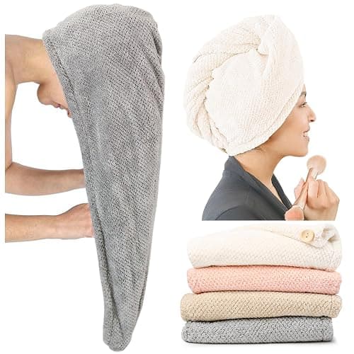 ROLSHOL Extra Large 4 Pack Microfiber Hair Towel Wrap for Women Super Absorbent & Quick Dry Hair Drying Towels with Button, Hair Turbans for Curly Hair Long & Short Hair - Anti-Frizz - Image 1