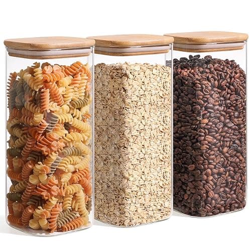 ComSaf Glass Storage Containers with Lids 1.9 Qt, Set of 3 Food Storage Jar | Pantry Storage Containers, Glass Jar, Square Canisters, Bamboo Lid with Silicone Seal, Cookie, Cereal, Coffee, Oats, BPA Free - Image 1
