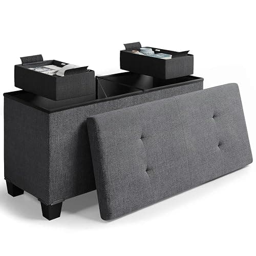 Storage Ottoman Bench with Storage Bins, 30-In Storage Bench for Bedroom End of Bed, Folding Foot Rest Ottoman with Storage for Living Room, Storage Chest Max 660lbs, Linen Fabric Grey Ottoman - Grey Fabric - 15"D x 30"W x 15"H - Image 1