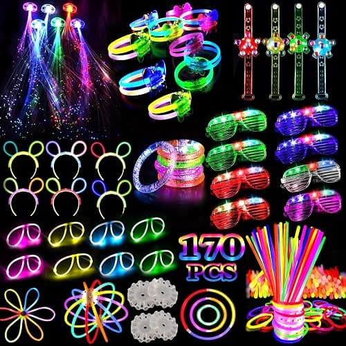 FODYNE 170 PCS Glow in the Dark Party Supplies Adult kids party favors, LED Glasses, Glow Hair Clips, Glow Glasses Molds, glow sticks bulk party pack, Glow bracelets, Glow Spinner bracelet - 170PCS - Image 1
