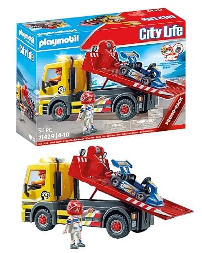 Playmobil Tow Truck Toy Playset - Towing Service - 54 Piece Bundle Includes Truck Driver and Racer Figures Along with Go Kart - Working Ramp with Flashing Lights and Retractable Winch - Image 1