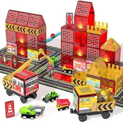 Magnetic Tiles for Kid, 56PCS Construction Magnet Tiles with Fire Truck & Station, Building, Road, Crane, and Car Truck - STEM Magnetic Blocks for Kids Ages 4-8, Toys for 4+ Year Old Boys Gifts - Image 1