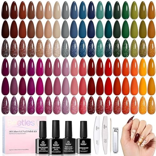 beetles Winter Gel Polish Set - Waltz of Leaves Collection, 36 Trendy Winter & Christmas Brown Orange Colors Gel Polish Set With Base and Glossy Matte Glitter Top Coat Soak Off UV Led Holiday Nails - Image 1
