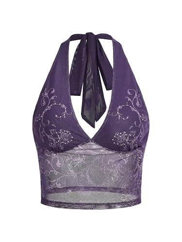 COZYEASE Women's Y2K Sheer Mesh Tie Back Halter Top Floral Print Rhinestone Cami Tops Backless Crop Tee - Medium - Purple - Image 1