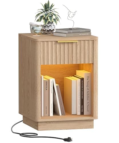 Akxomel Fluted Nightstand, Wooden Night Stand with Charging Station and LED Light, Modern Mid Century End Table with Drawer, 15" D x 15.7" W x 22.6" H, for Bedroom, Natural Oak - Image 1