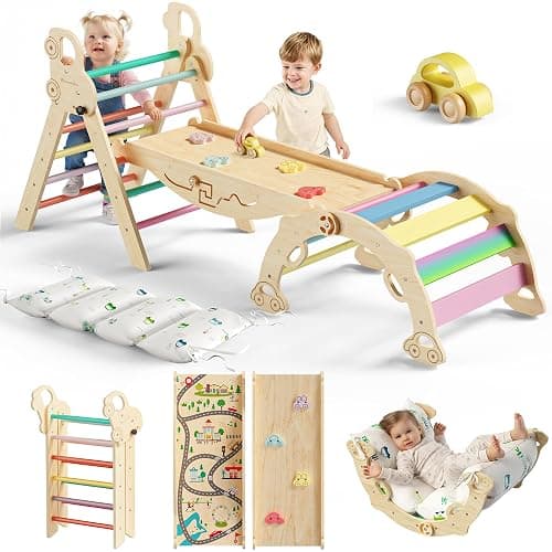 Bimomiki Pikler Triangle Climbing Set with Cushion, Foldable Climbing Toys Indoor, Montessori Toddler Gym, 10-in-1 Climber & Playground, Gift for Christmas, Birthday, New Year (Rainbow Valley) - Image 1