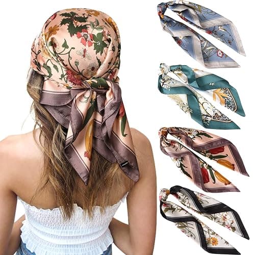CHLINS 27.5 Inches Silk Feeling Square Head Scarf - 4 Pcs Satin Square Head Scarves for Women Hair Bandanas Head Kerchief - Image 1