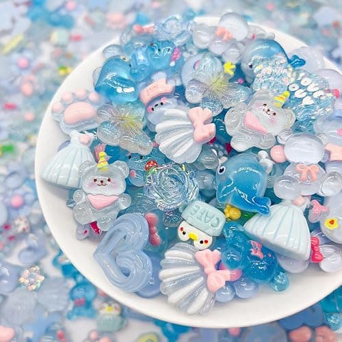 JINDUODUO 60 Pcs Slime Charms Bulk DIY Craft Making Kit, Cute Flat Back Resin Charms for Crafts (Blue) - Image 1