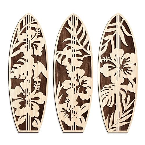 VGICH Hibiscus Surfboard Wall Decor - 3 Piece Wooden Beach Wall Art for Bedroom, Tropical Living Room Decor(Beige) - Image 1