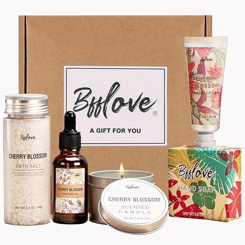 Gifts for Women BFFLOVE Gift Set for Women 5pcs Cherry Blossom Spa Set, Birthday Gifts for Her with Massage Oil, Scented Candle, Bath Salts, Hand Cream - Image 1