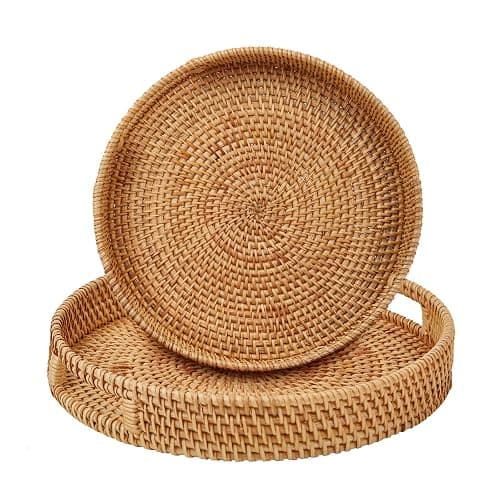 Whalehub Round Rattan Serving Tray with Handles,2 Hand Woven Basket, Home Decor Organizer Tray for Breakfast, Tea, Snack, Fruit, Coffee, Storage (Large + Medium)(14.17inchX2.3inch+11.9inchX1.7inch - Image 1