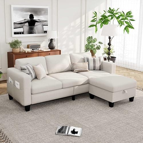 Yattem Sectional Sofa Couches for Living Room - 3-Seat White L-Shaped Modern Sofa Couch with Reversible Storage Ottoman & Storage Pockets for Living Room, Apartment, Studio or Small Space | small couch, in a box, l shaped - Image 1