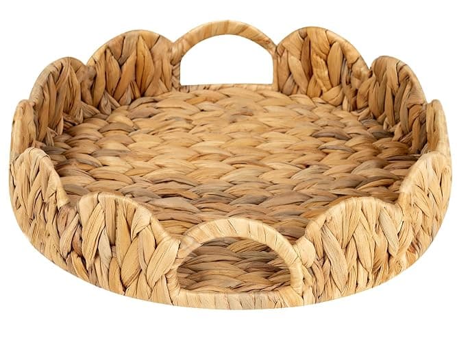 StorageWorks Scalloped Tray, Round Basket Tray Wicker Rattan Serving Tray with Handles, Scallop Basket Table Décor Trays, Water Hyacinth - Image 1