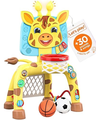 Move2Play, Giraffe Basketball Hoop & Soccer Goal Activity Center | 30+ Sounds & Lights | 1, 2, 3+ Year Old Gift & Birthday Present | 6, 12, 18, 24+ Month Toy For Baby, Toddler, Boys, & Girls - Yellow - Image 1