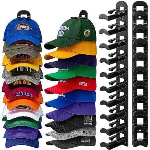 Hat Hook for Wall, 2 Pack Hat Organizer Hold up to 20 Hats,Hat Holder with Strong Adhesive and 8 Pack Screws, Cap Holder Hat Hangers for Wall Closet Door and Bedroom(B-Black) - Image 1