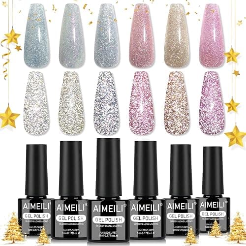 AIMEILI Reflective Glitter Gel Nail Polish Set, 6 Colors Holographic Sparkle Diamond Nails U V LED Soak Off Manicure Art for Women - Kit 108 - Image 1