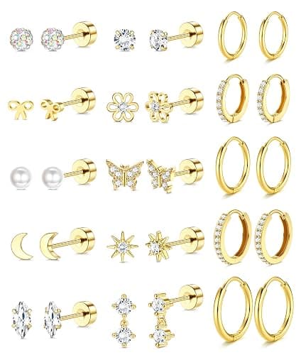 LOLIAS 14K Gold Plated Flat Back Earrings - Hypoallergenic Surgical Stainless Steel Stud Hoop Earrings for Women Girls Cute Stud Earring Set Small Huggie Hoops Cartilage Earring Stacks - Image 1