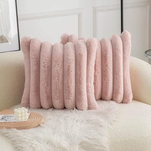 Neelvin Pink Faux Fur Cozy Soft Striped Decorative Throw Pillow Covers 18x18 inch Set of 2,Velvet Pillowcase Cushion Case for Sofa Couch - Image 1