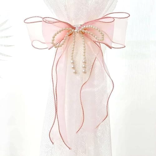 SIELUNO Bow Curtain Tiebacks 2 Pcs,Butterfly Curtain Ties with Pearls,Bowknot Curtain Ties for Home Decorative-pink-86cm(33.86in) - Image 1