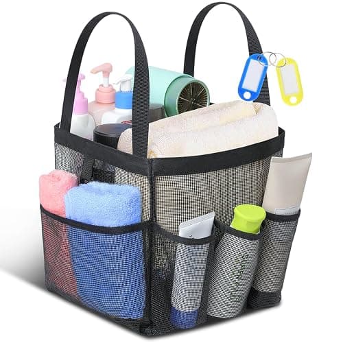 Temede Mesh Shower Caddy Tote, Large Shower Caddy Basket Portable, Quick Dry Hanging Toiletry Bag, 8 Storage Pocket Handle Bath Organizer for College Dorm, Gym, Camp, Travel - Black - Image 1