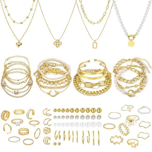 NEWITIN 88 Pieces Gold Jewelry Set for Women Fashion Costume Jewelry Gold Plated Necklace Bracelet Ring Ear Cuff Earrings Set for Women - Image 1