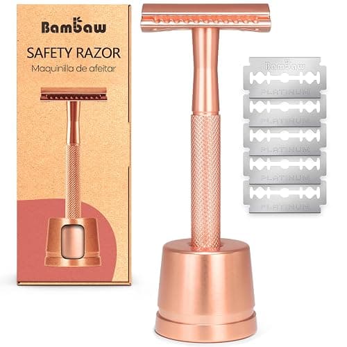 Bambaw Double Edge Safety Razor with Stand, Women Razor with 5 Double Edge Safety Razor Blades, Plastic Free Metal Razor – Rose Gold - Image 1