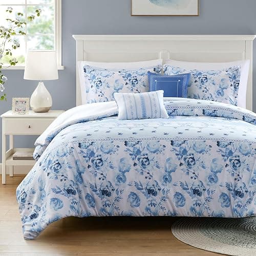 Intelligent Design Queen Comforter Set, Vintage Floral & Stripes Design, Solid Reverse, Microfiber Lightweight All Seasons Down Alternative Fill, Sham & Décor Pillows, Christa, Full/Queen Blue 5 Piece - Blue - F/Q Comforter - Image 1