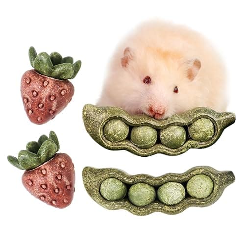TEEWY 4PCS Guinea Pig Toys, Prevent Teeth Overgrowth, Natural Vegetables and Timothy Grass, Hamster Chew Toys, Guinea Pig Chew Toys, Chinchilla Toys, Peapod and Stawberry Chew Toy Set - Image 1