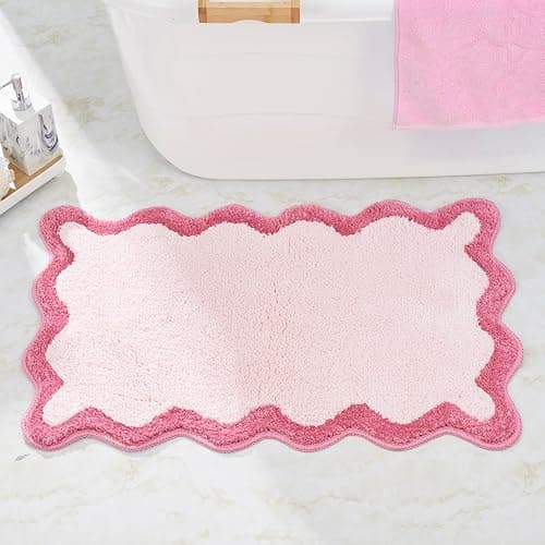DyeFury Luxury Cute Bathroom Rugs, White Bath Mat W/Hot Pink Scalloped Edge, Microfiber Aesthetic Trendy Funky Fun Preppy Rug, Extra Soft Bathroom Mat Non-Slip for Shower, and Bath Room 30'' x 20'' - Image 1