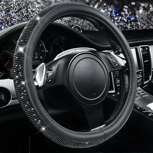 CAR PASS Bling Diamond Leather Steering Wheel Cover, With Sparkly Crystal Glitter Rhinestones Universal Fit 14"1/2-15" Car Wheel Protector for Women Girl Fit Suvs,Vans,Sedans,Car,Trucks, Black Diamond - Image 1