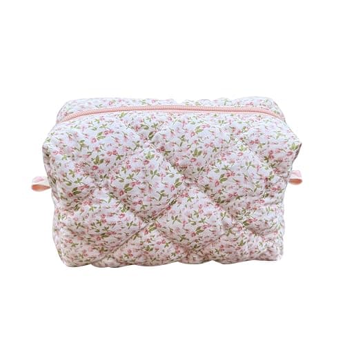 ZUNUONUO Cotton Quilted Makeup Bag Coquette Accessories Make up Bag Organizer Cute Floral Cosmetic Pouch Travel Makeup Bag for Women (Little Roses) - Image 1