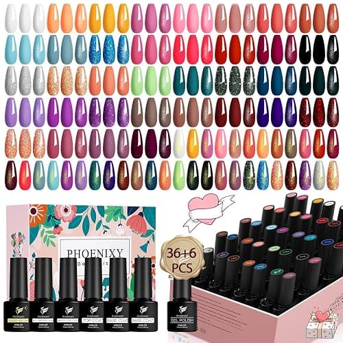 Phoenixy 42 Pcs Gel Nail Polish Set, 36 Colours Red Violet Gel Nail Polish with Glossy Matte Glitter Golden Base Top Coat, UV LED Soak Off Nail Polishes Kit Gift for Women - Image 1