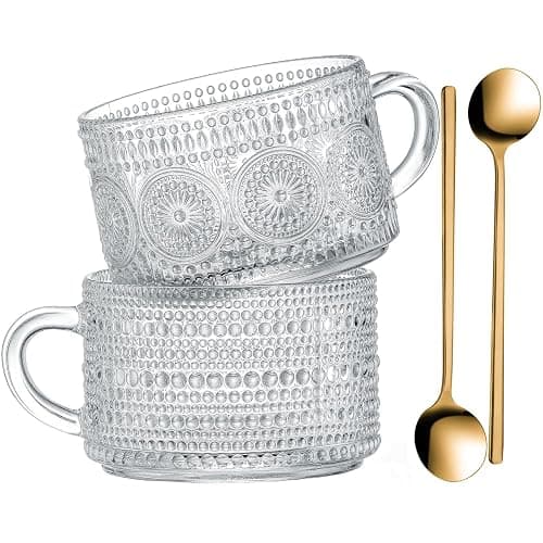 Gezzeny Vintage Glass Coffee Mugs 14 Oz Set of 2 Clear Embossed Tea Cups, Glass Coffee Cups for Cappuccino, Latte, Cereal, Yogurt, Beverage Christmas Thanksgiving Gifts - Image 1