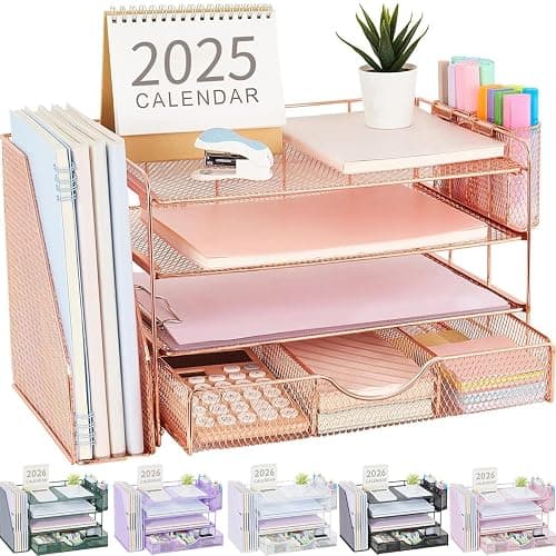 gianotter Desk Organizers and Accessories with File Holder, 4-Tier Desk Accessories & Workspace Organizers with Drawer and 2 Pen Holder, Paper Organizer for Office Supplies (Rose Gold) - Image 1