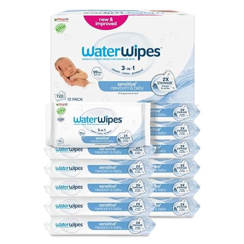 WaterWipes Sensitive+ Newborn & Baby Wipes, 720 Count (12 Packs), 3-In-1 Cleans, Cares, Protects, 99.9% Water, Unscented - Image 1