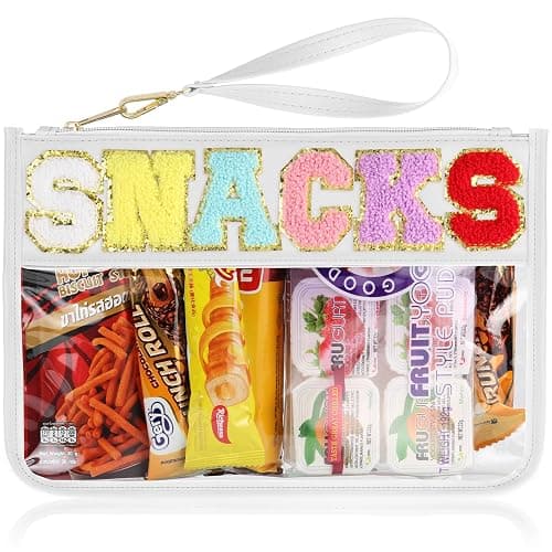 Snack Bag for Travel - Clear Chenille Varsity Letter Flat Pouch with Zipper, 12.2×8.46 inch Waterproof Clear Nylon Preppy Patch Makeup Cosmetic tote Bags for Women Girls - Image 1