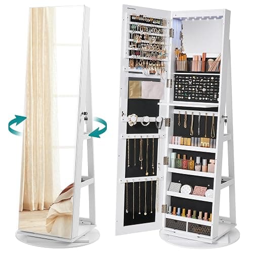 SONGMICS Schmuckschrank, Spiegelschrank, mit rahmenlosem Ganzkörperspiegel, 3 Ablagen, 360° drehbar, abschließbar, Oberfläche in Weiß, Innenfutter in Schwarz JJC007W01 - Image 1