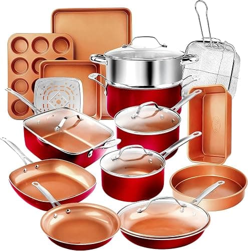 Gotham Steel 20 Pc Pots and Pans Set Nonstick Cookware + Bakeware Set, Complete Ceramic for Kitchen, Non Stick with Lids, Dishwasher / Oven Safe, Toxic - Red - Image 1
