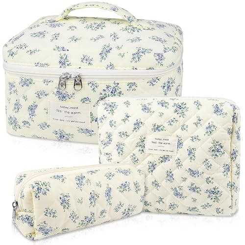 Makeup Bag Set, Quilted Makeup Bag, Large Floral Cosmetic Bag for Women, Cute Cotton Makeup Bags, Flower Travel Toiletry Organizer Bag (Blue Floer) - Image 1