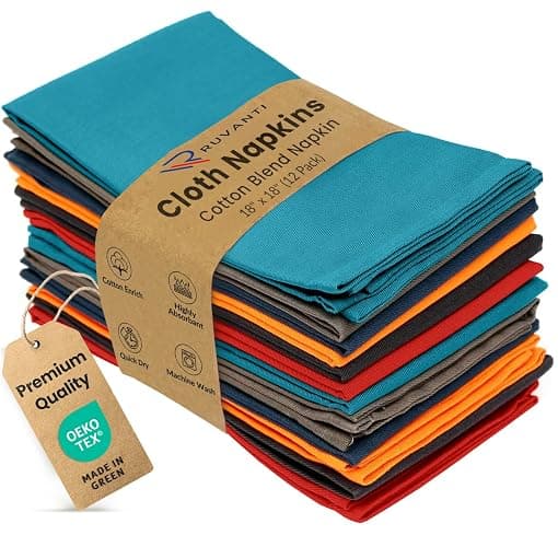 Ruvanti Cloth Napkins Set of 12, 18x18 Inches Napkins Cloth Washable, Soft, Durable, Absorbent, Cotton Blend. Table Dinner Napkins Cloth for Hotel, Christmas, Dinner, Parties - Multi Color - Image 1
